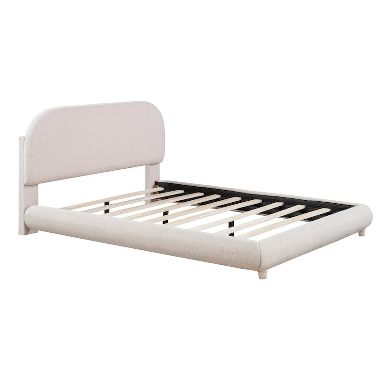 Gestoffeerd platformbed voor een tweepersoonsbed van teddyfleece met dikke stof, stevig frame en stijlvol gebogen ontwerp, beige