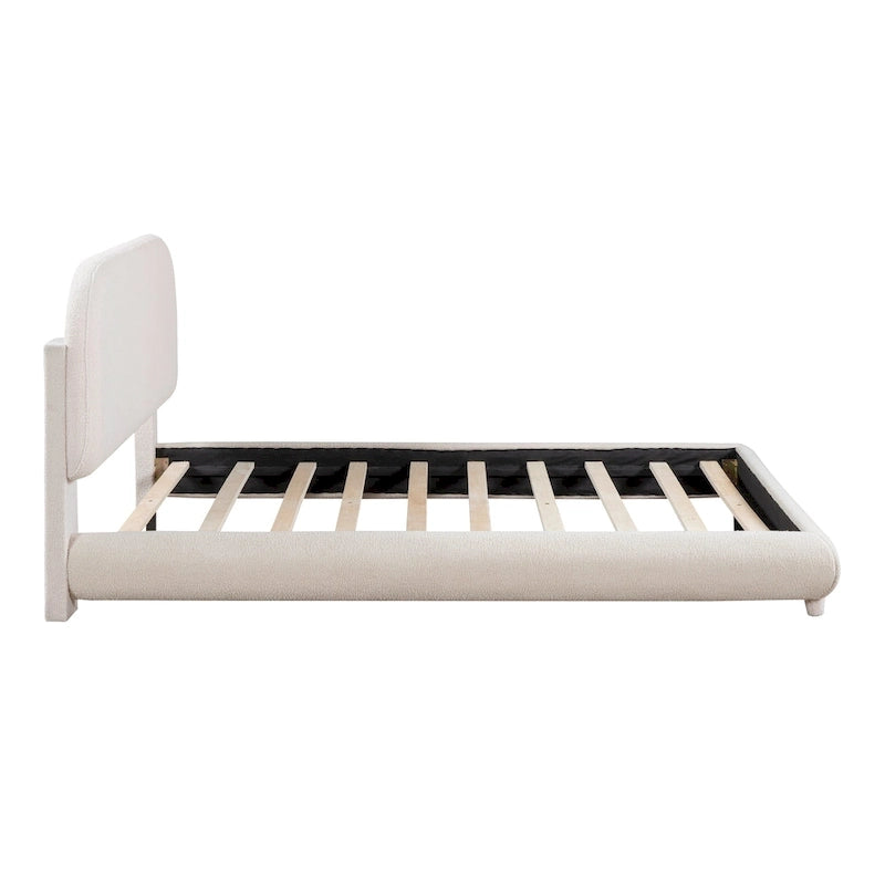 Gestoffeerd platformbed voor een tweepersoonsbed van teddyfleece met dikke stof, stevig frame en stijlvol gebogen ontwerp, beige