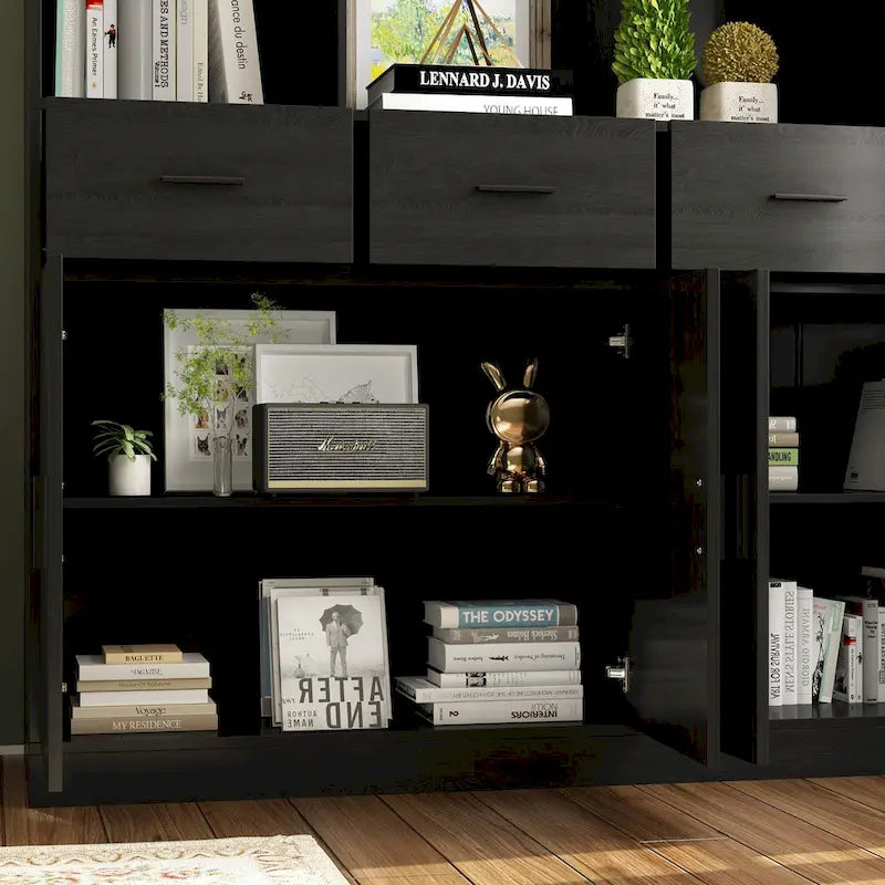 Bücherregal mit 4 Türen, 4 Schubladen und Ablagefächern, Schwarz - 78.7H