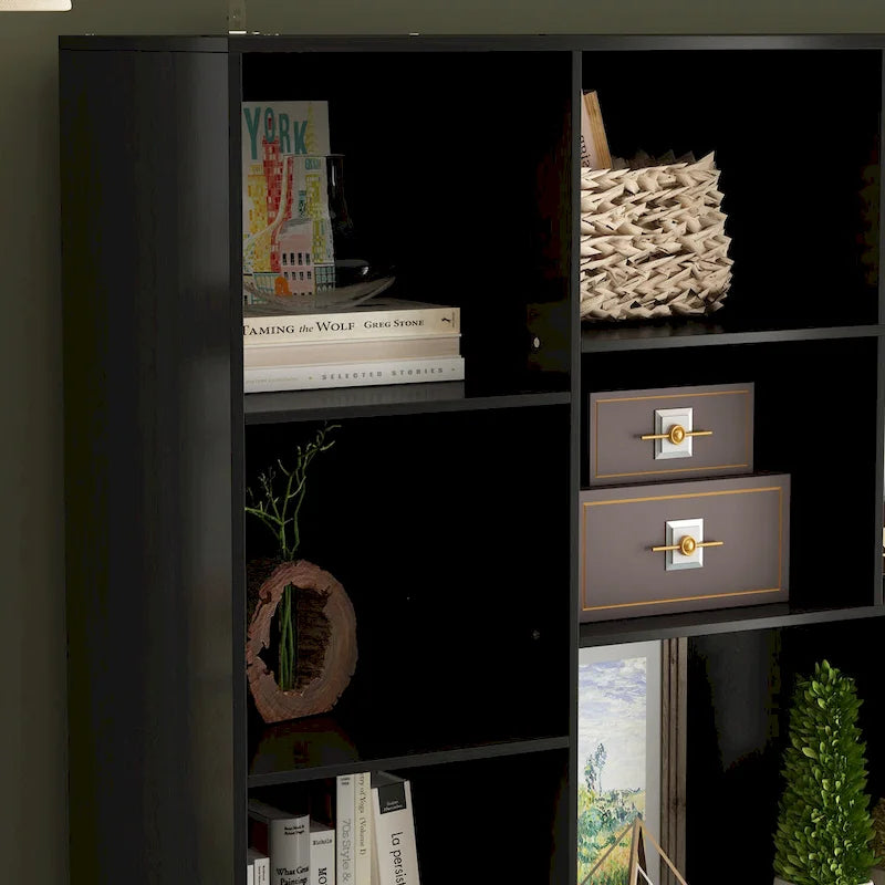 Bücherregal mit 4 Türen, 4 Schubladen und Ablagefächern, Schwarz - 78.7H