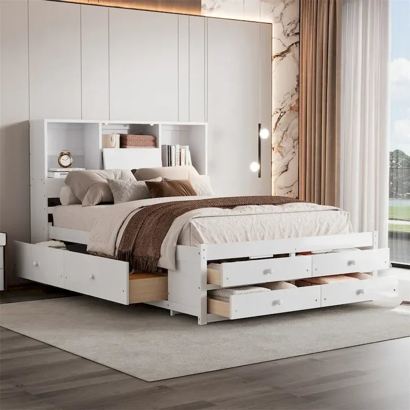 Letto a piattaforma matrimoniale con testiera contenitore e 8 cassetti