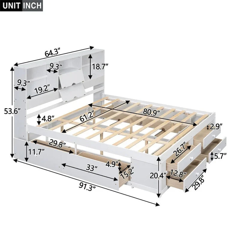 Letto a piattaforma matrimoniale con testiera contenitore e 8 cassetti