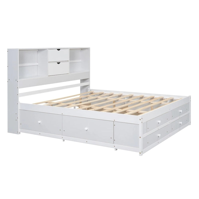 Letto a piattaforma matrimoniale con testiera contenitore e 8 cassetti