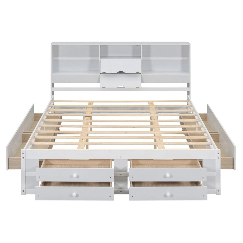 Letto a piattaforma matrimoniale con testiera contenitore e 8 cassetti