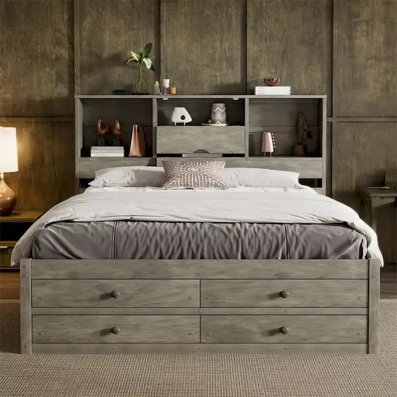 Letto a piattaforma matrimoniale con testiera contenitore e 8 cassetti