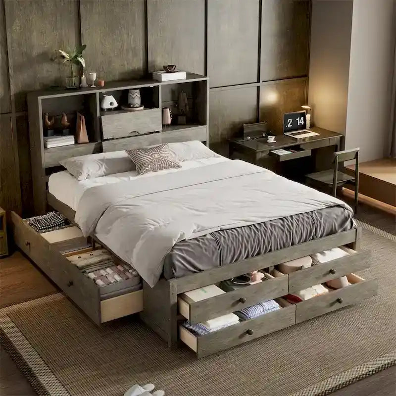 Letto a piattaforma matrimoniale con testiera contenitore e 8 cassetti