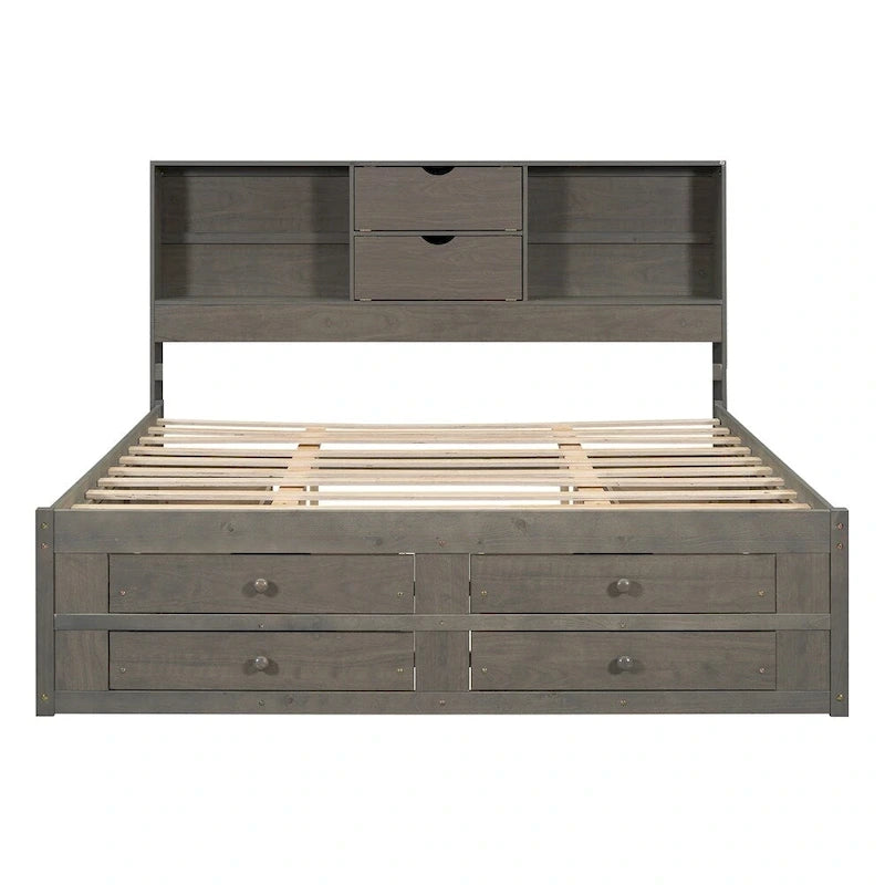 Letto a piattaforma matrimoniale con testiera contenitore e 8 cassetti