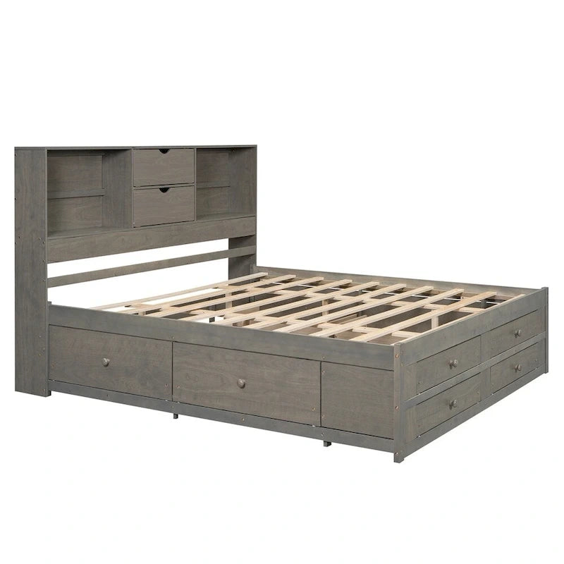 Letto a piattaforma matrimoniale con testiera contenitore e 8 cassetti