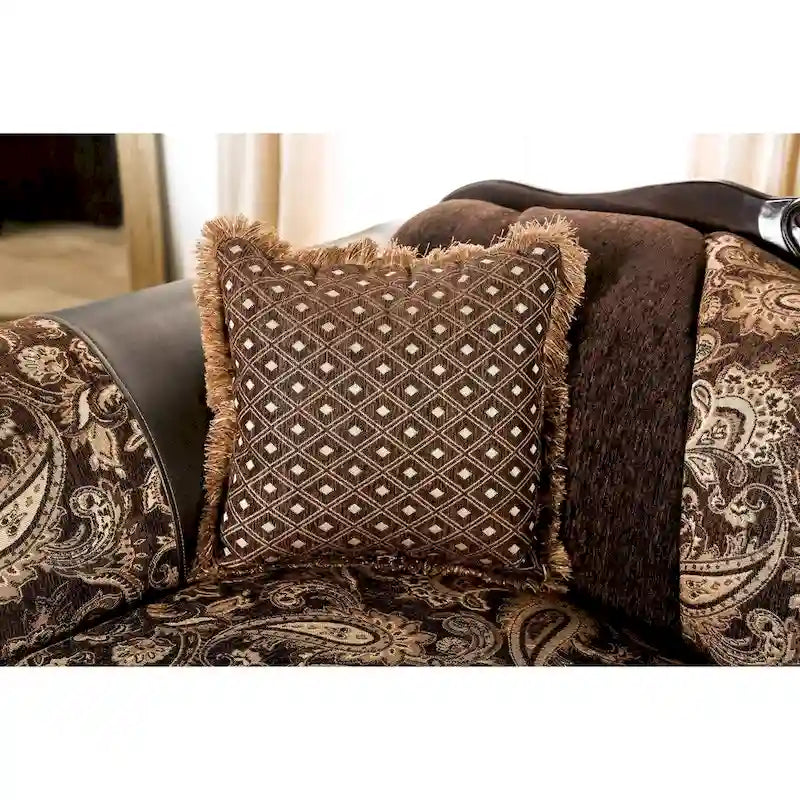 Traditionelles braunes Chenille-Sofa mit Holzverzierung und kunstvollen Details