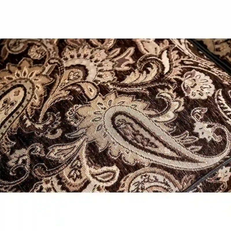 Traditionelles braunes Chenille-Sofa mit Holzverzierung und kunstvollen Details