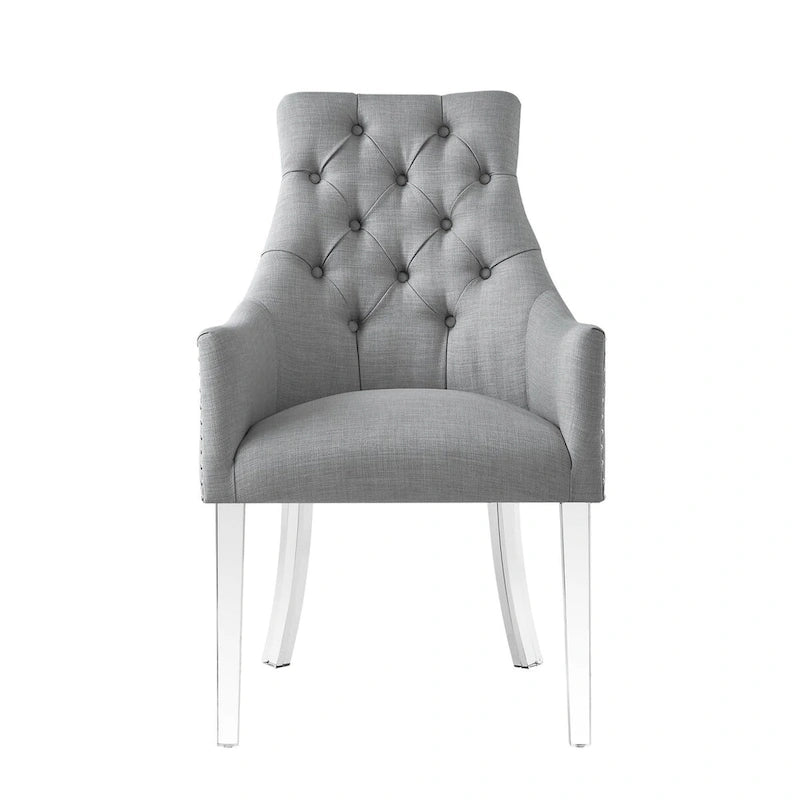 Fauteuil de salle à manger capitonné en lin gris clair avec bordure cloutée (lot de 2)
